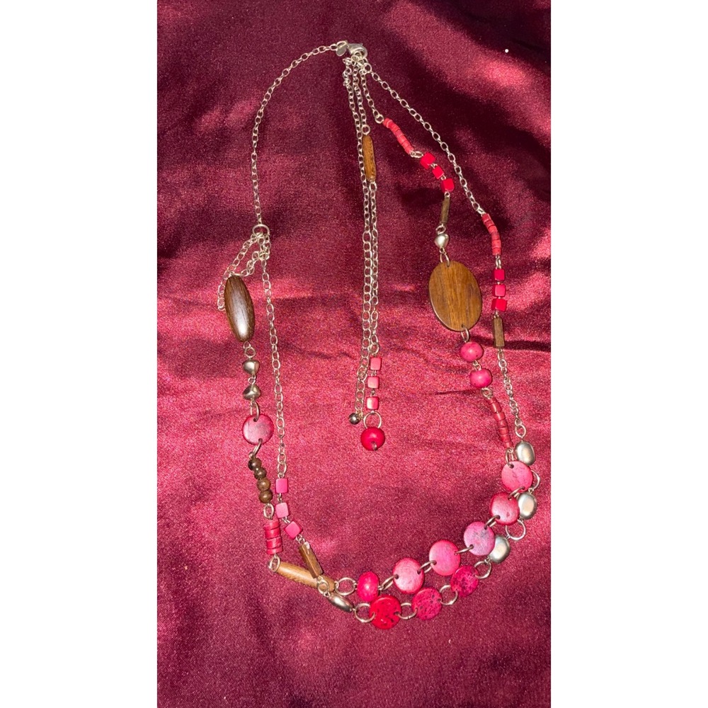 Boho Double Layer Pink Red Beaded Necklace Silver Tone Wood Accents Statement